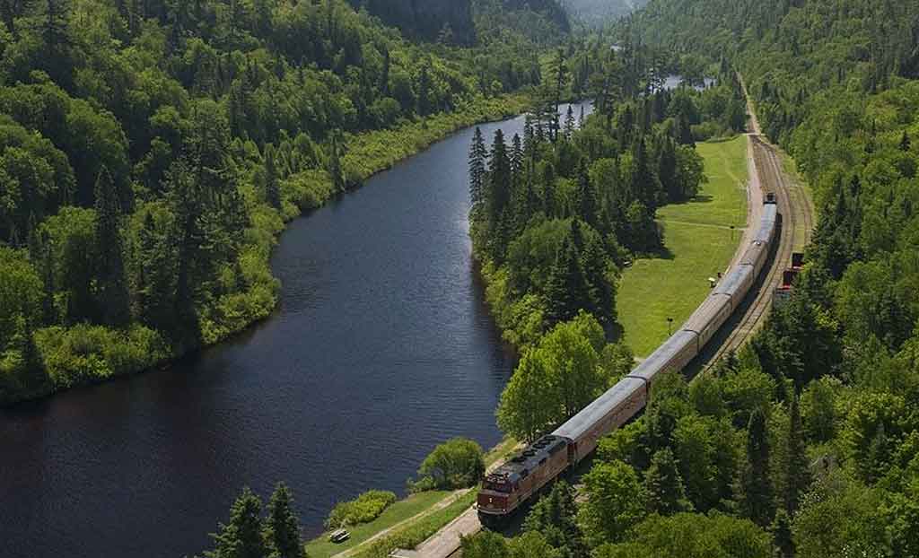 Train riding through Agawa Canyon Ontario