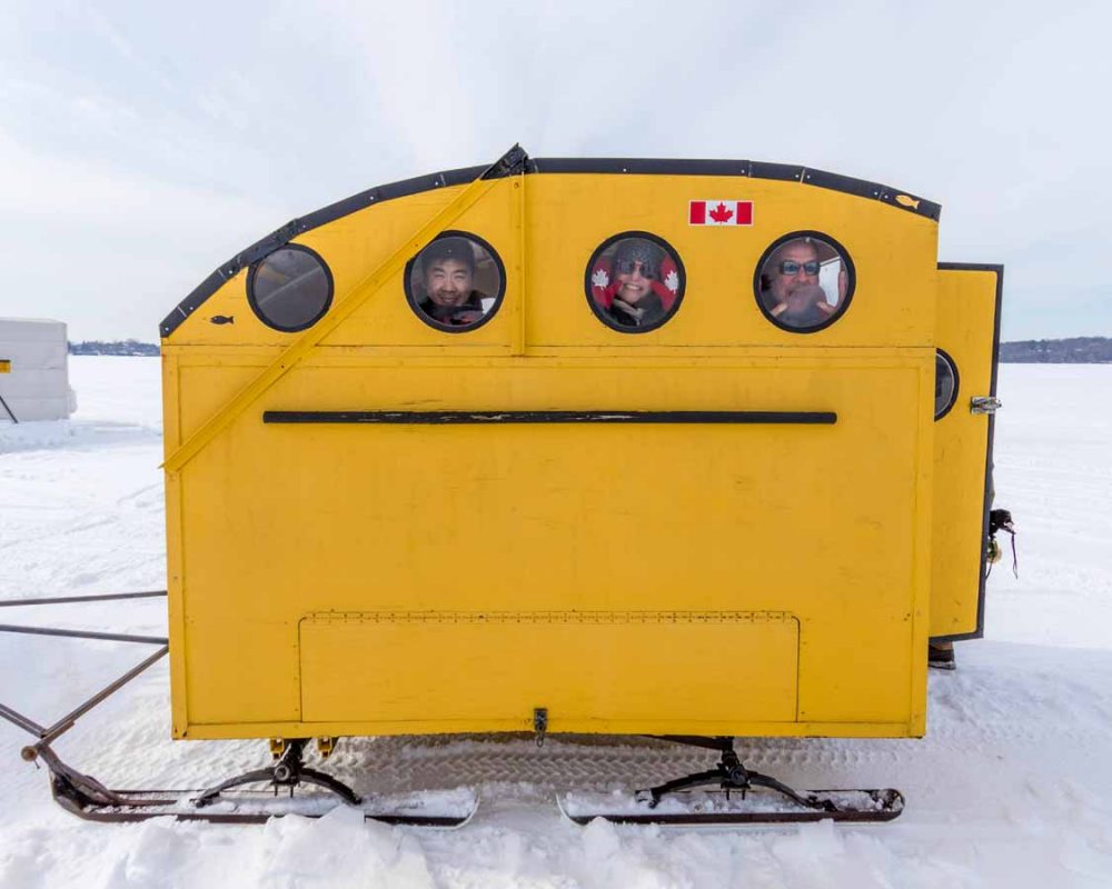 Anglers in a fishing trailer on Lake Scugog Port Perry