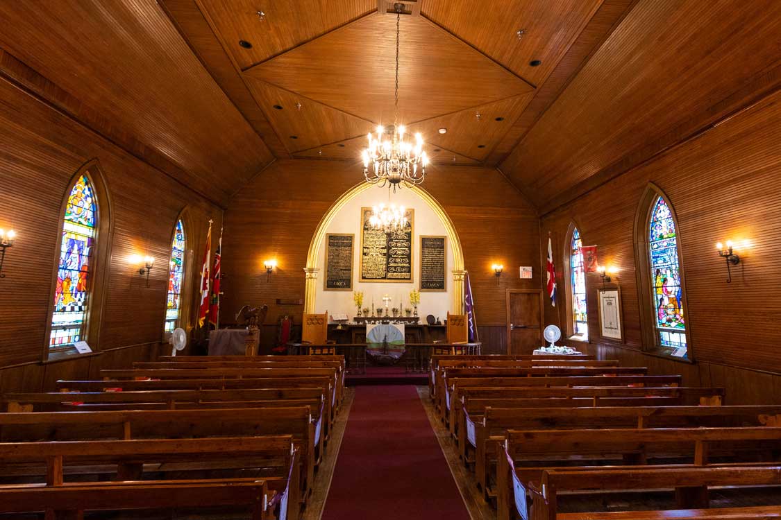 The wooden interior of a 19th century church in Brantford Ontario