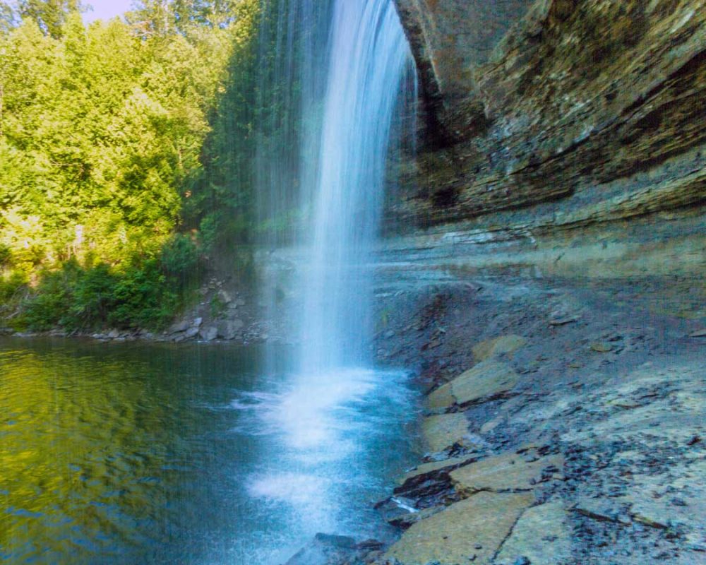 Bridal Veil Falls cascades over a rock wall on Manitoulin Island