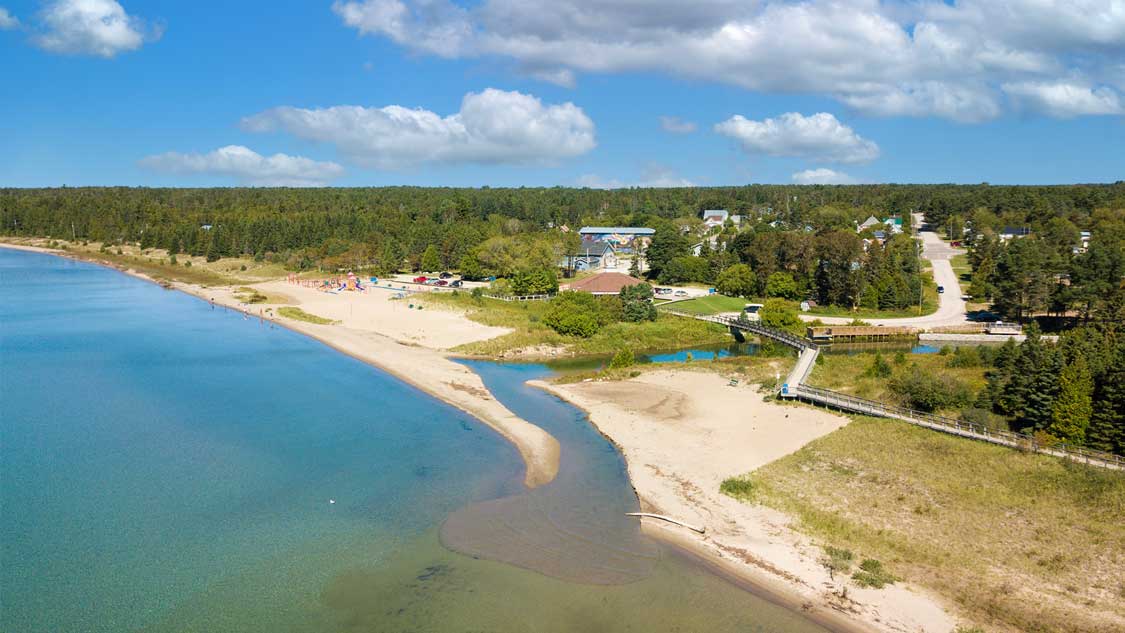 Aerial shot of Providence Bay Beach on Manitoulin Island