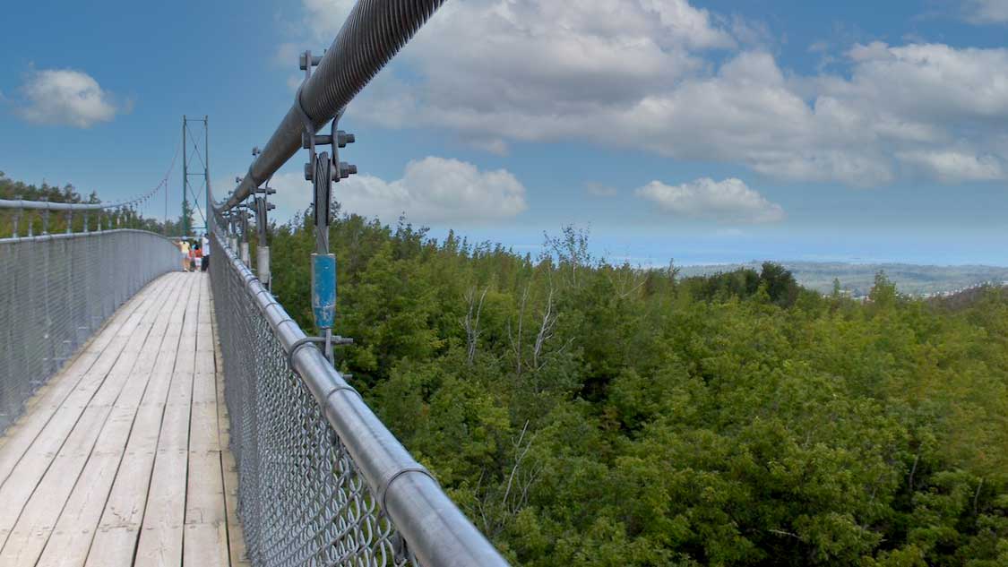 Scenic caves suspension bridge looking over Georgian Bay