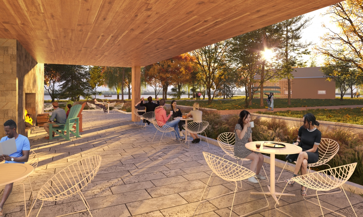 A rendering of the exterior lakefront terrace at the Canadian Canoe Museum