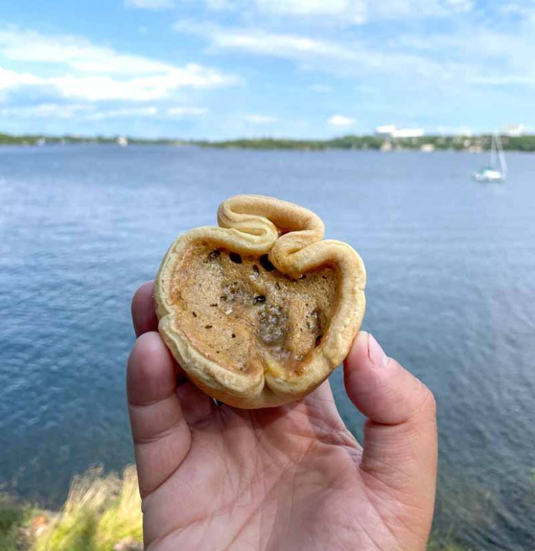 A butter tart held in front of a lake in Sudbury