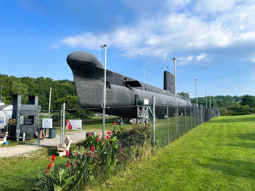 The Port Burwell submarine on land displayed at a marine museum