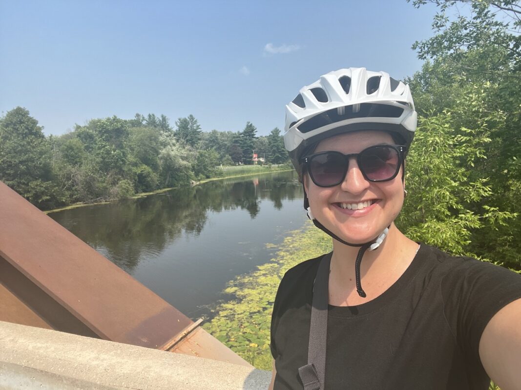 Bri enjoying the views on the route back to Cornwall at the Raisin River bridge.