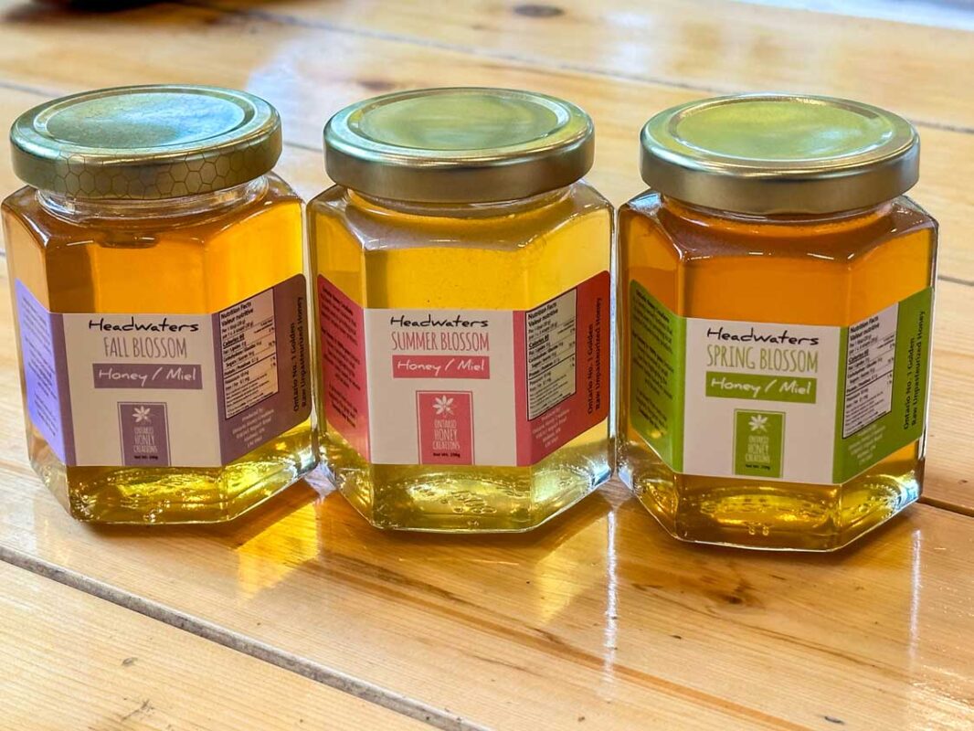 Jars of spring, summer, and fall honey