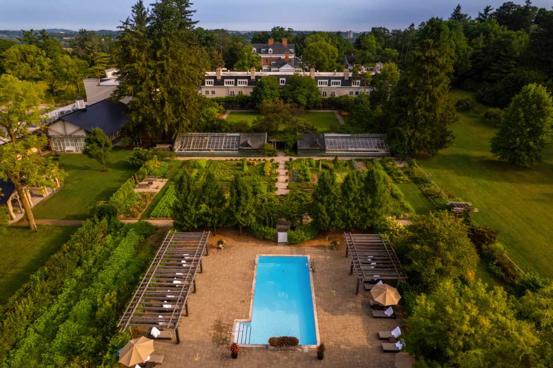 Grounds and spa at Langdon Hall as seen from above