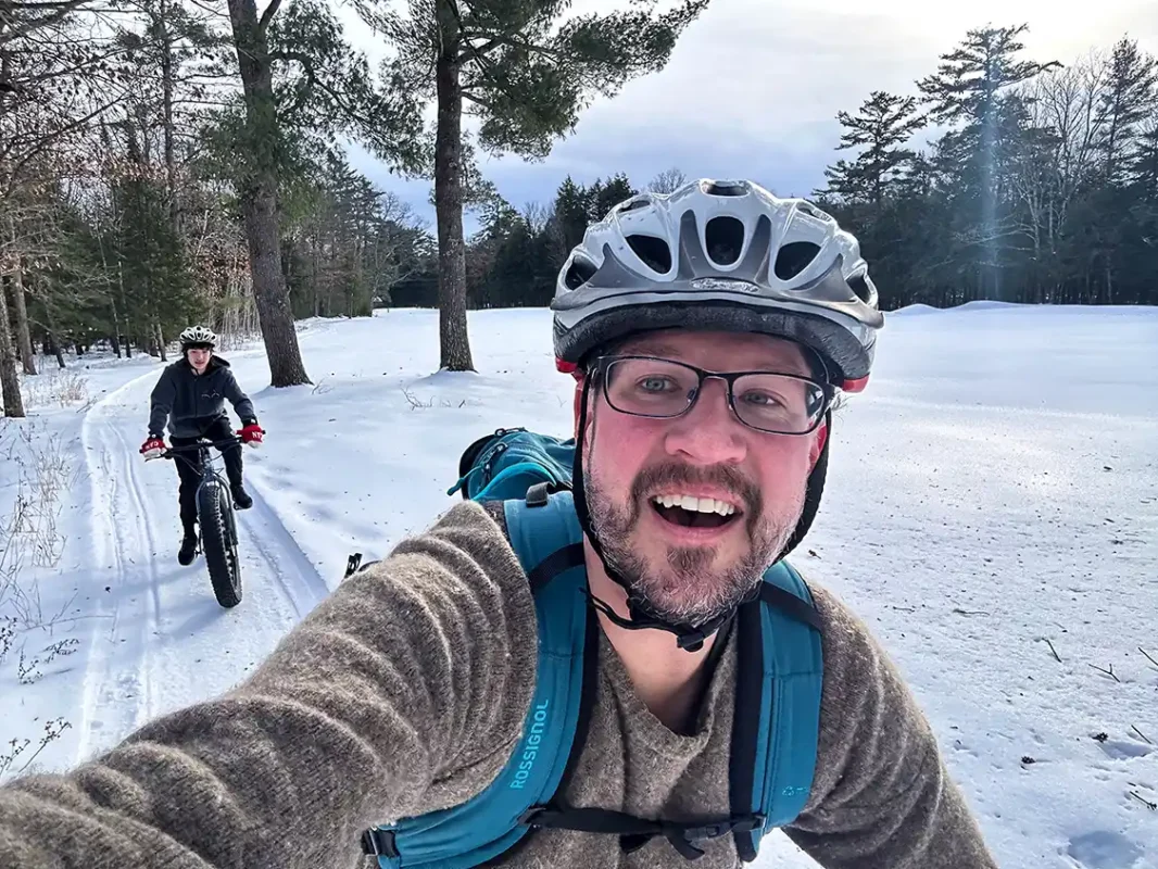 A Father and son fat biking along the Trans Canada Trail near Sudbury Ontario
