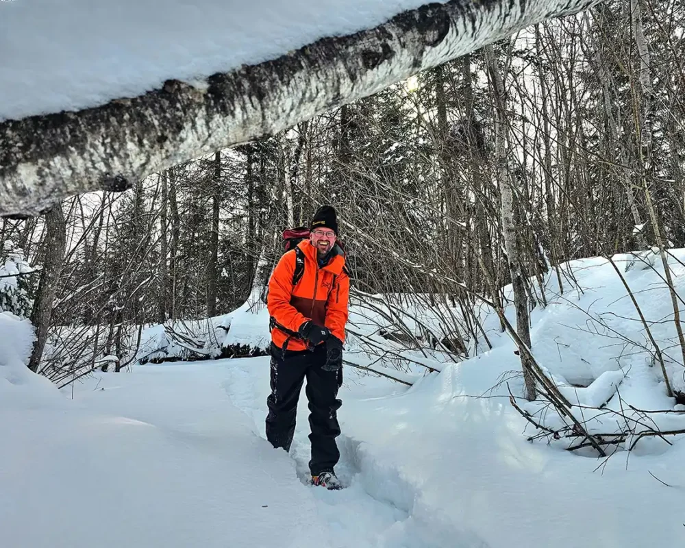 Snowshoeing in to the ice climbing waterfall